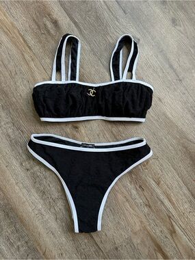 CHANEL Black Bikini with White Trim and Gold CC Accent